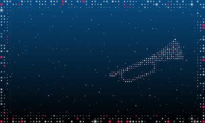 On the right is the trumpet symbol filled with white dots. Pointillism style. Abstract futuristic frame of dots and circles. Some dots is pink. Vector illustration on blue background with stars