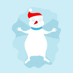 A cheerful joyful snowman in a Santa Claus hat lies in the snow and makes a snow angel. Picture of a cartoon winter character.
