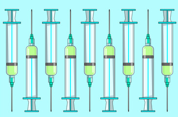 Fototapeta premium Design of blue disposable syringes and needles with a light green liquid inside as a vaccine. Vaccination instruments with a light blue aquamarine background