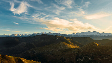 spectacular panoramic view of the Cantabrian Mountains and the Picos de Europa at sunset. Landscapes and nature. european peaks.