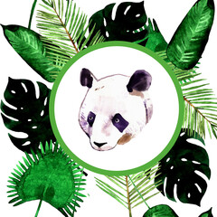 Seamless pattern illustration with palm,monstera and fern leaves and panda isolated on white background