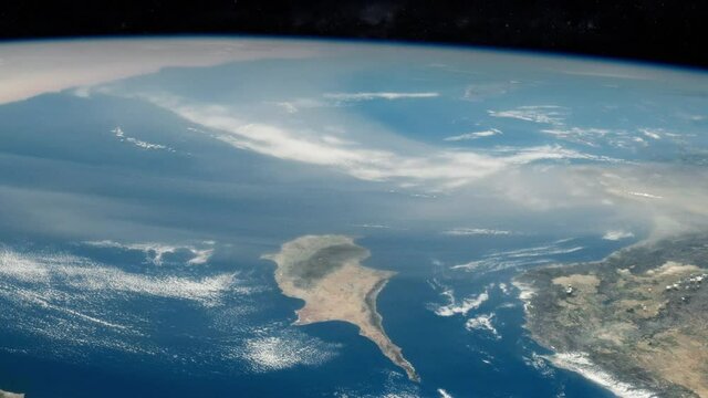 Flying over Cyprus island ands mediterranean sea aerial satellite view scenic earth from sky. Contains images by Nasa