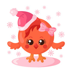 Funny cute kawaii chick with Christmas hat and round body surroundet by snowflakes in flat design with shadows. Isolated winter holiday vector illustration