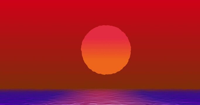 Animation Time Lapse, Vibrant beautiful sunset over ocean. Bright yellow sun disk on dark red sky cartoon bacground illustration 4k
