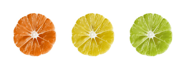 Obraz premium set of sliced citrus fruits orange, lemon and lime isolated on white background, top view, cut
