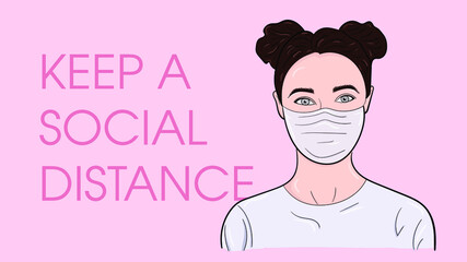 Close-up portrait of her she nice attractive lovable cute adorable winsome girl with two buns wear white shirt protection flu cold facial mask isolated over pink pastel background, VECTOR