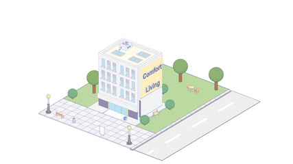 Vector isometric icon or infographic elements representing town apartment building with street for city map creation