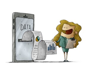 woman is extracting data from a huge mobile from which comes out a long paper with information and graphics. isolated - 402031379