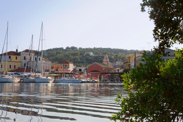 Obraz premium Gaios harbour, from the islet of Aghios Nikolaos, Paxos, Ionian Islands, Greece