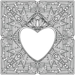 square mandala with abstract ornaments and a heart in the center with space for text drawn on a white background for coloring, vector