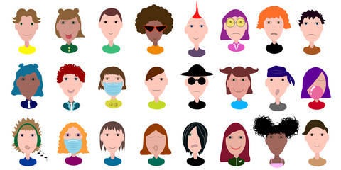 Set of avatar girls and boys, 24 pieces. Icon set of boys and girls faces