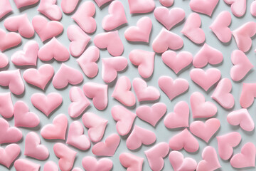 Pattern of pink romantic hearts on blue background. Valentine's day texture. Love concept.