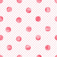 Polka dot pink red watercolor seamless pattern. Abstract watercolour color circles on white background