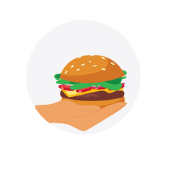 Hand holding classic American hamburger with bread, meat, beef, lettuce, tomato, sesame seeds and cheese. Fast food concept. Vector illustration in flat cartoon style.