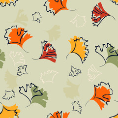 Autumn leaves background. Vector seamless pattern with colorful leaf silhouettes. Elegant abstract ornament texture in pastel colors, yellow, green, orange, red. Repeat tileable design for print, wrap