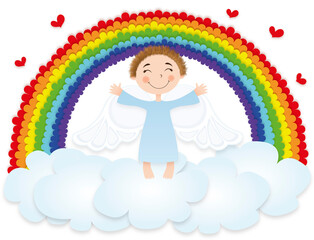 cute angel in the sky above the clouds spread his arms to the sides and smiles on a white background with red hearts and rainbow, valentine's day card, illustration