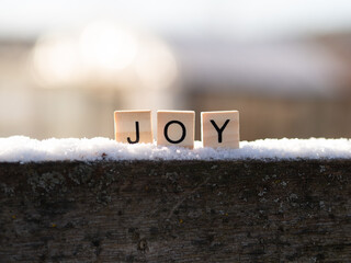 joy - napis z drewnianych kostek, ułożony w śniegu, język angielski 