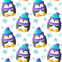 Seamless pattern with cute penguin and snowflake