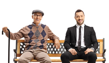 Obraz premium Professional man and a senior man sitting on a bench