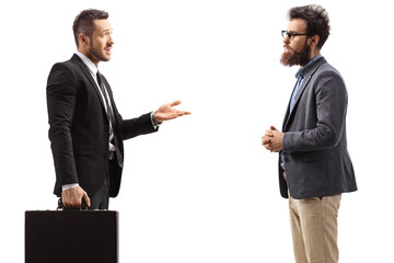 Businessman with a suitcase explaining with a and gesture and talking to a bearded man