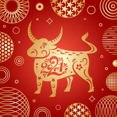 The year of the bull 2021. Vector ox character of the Eastern calendar. Oriental concept of Chinese happy new year 2021. Red, gold colors of the illustration. Golden ox, lanterns on a red background.