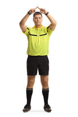 Full length portrait of football referee gesturing a VAR symbol - obrazy, fototapety, plakaty