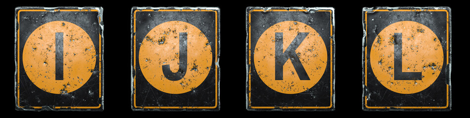 Set of public road sign orange and black color with a capital letters I, J, K, L in the center isolated on black background. 3d