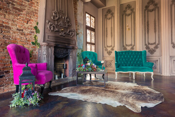 Obraz premium Luxury old custle interior. Large hall with columnes. beautiful furniture stylized baroque style