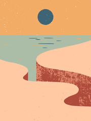 Creative abstract rocky mountain landscape background.Mid century modern vector illustration with hand drawn mountains or cliffed coast,sky and sun.Trendy contemporary design.Futuristic wall art decor