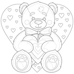 Teddy bear toy. Valentine's Day.Coloring book antistress for children and adults. Illustration isolated on white background.Zen-tangle style. Black and white drawing