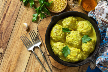 Meatballs with bulgur in sour cream and turmeric sauce in a cast-iron skillet on a rustic countertop. Top view flat lay. Copy space.