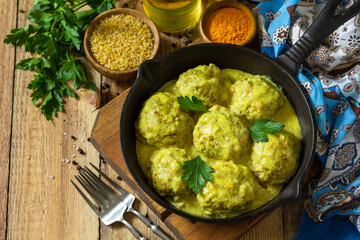 Meatballs with bulgur in sour cream and turmeric sauce in a cast-iron skillet on a rustic countertop. Copy space.