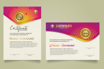 Naklejka premium Set vertical and horizontal certificate template with lines circle pattern and wave checkered lines pattern ornament. Diploma. Vector illustration