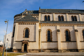 Gothic church of the Assumption of the Virgin Mary, with bell tower at Square Namesti starosty Pavla in Kladno in sunny day, Central Bohemia, Czech Republic