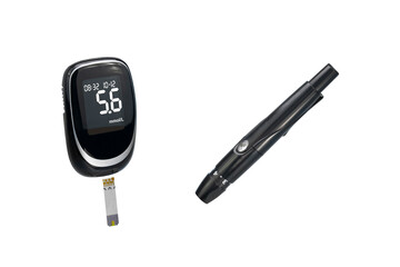 Diabetic testing kit. Blood glucose monitor or glucometer, with lancet device and testing strips.
