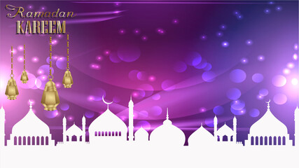 Ramadan Mubarak modern  background, Ramadan Kareem with Hanging  Lantern & Mosque Background
