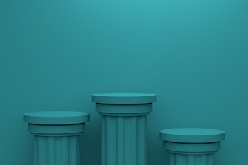 Turquoise abstract background with vintage columns platforms and the wall. 3d rendering