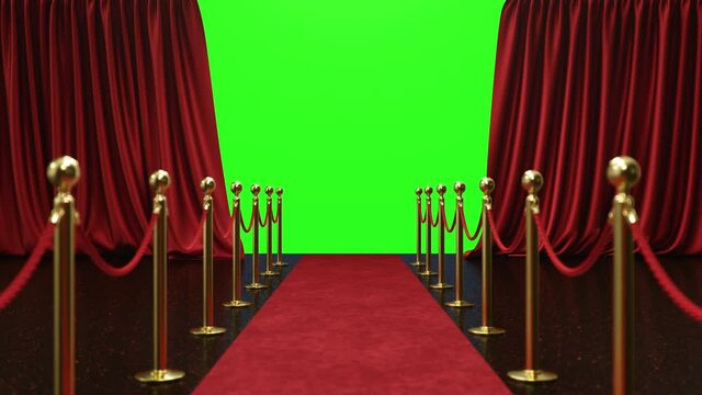 Opening and close luxure red silk curtain, decoration design. Red Stage Curtain with red velvet carpet for theater, cinema, opera scene backdrop. Grand opening, ceremony presentation, 4K 3D Animation