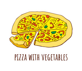 Cartoon whole and slices of pizza with cheese. Vector illustration. Colored delicious pizza illustration for pizzeria menu, restaurant