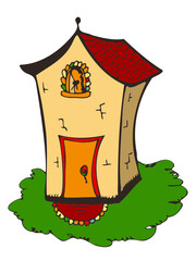 Isolated children's cartoon house for a dwarf and fairy on a green lawn. vector illustration