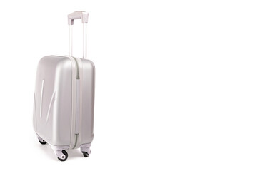 Trip isolated. Silver travel plastic suitcase or vacation baggage bag on white background. Design of summer vacation holiday concept.