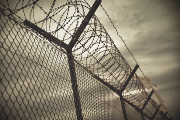 A selective focus shot of fence with barbed wire - obrazy, fototapety, plakaty