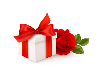 Realistic white gift box with red bow ribbon and red rose isolated on white background. Design element for Happy Valentines Day. Vector illustration