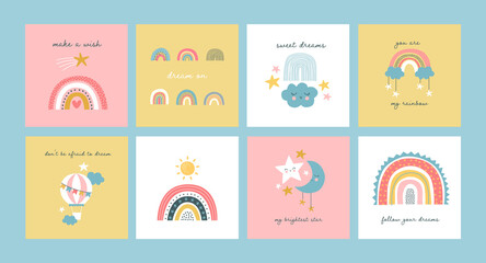 Cute children greeting card set. Big bundle of kid illustration in pastel color with adorable message. Sweet cartoon designs include rainbow, cloud. Love messages for birthday gift, baby shower.