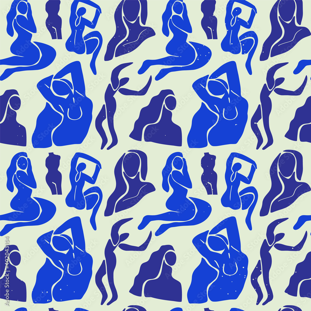 Wall mural abstract blue women seamless pattern. background illustration of flat cartoon woman figures, young v