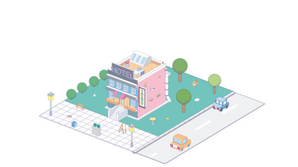 Vector Isometric icon or infographic element representing hotel building. Cars passing by on the street
