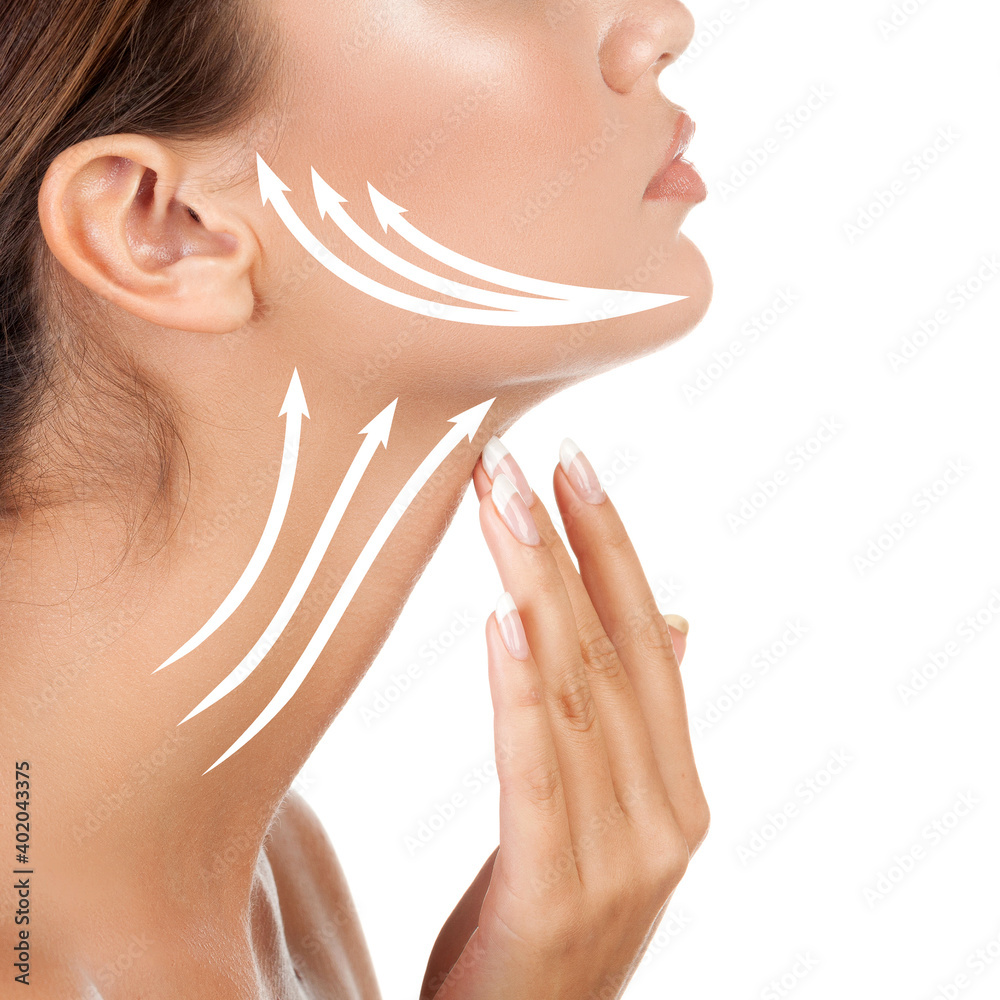 Wall mural pretty woman touching her neck, isolated on white background. anti-aging concept.