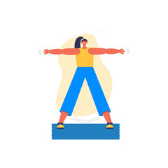 Fototapeta premium Woman working out on a mat at home vector illustration. Vector flat illustration character sports. Fitness at home. Stay fit and healthy. Hands up