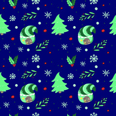 Seamless Christmas pattern on a dark background. Fairy house, tree and holly twigs. Vector. Cartoon style. A house with a striped roof, holly berries. Suitable for fabric, paper and wallpaper.