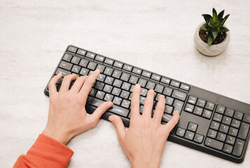 Woman hand using keyboard. A woman coding, developing software. Woman is writing on her black keyboard. Black keyboard and cactus.